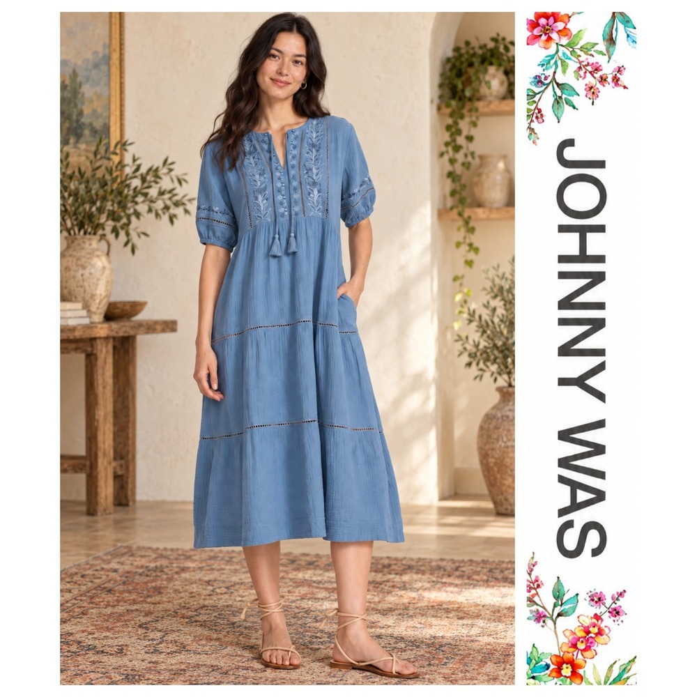 Johnny Was Calme Blue Embroidered Puff Sleeve Tiered Tassel Tie Midi Dress S